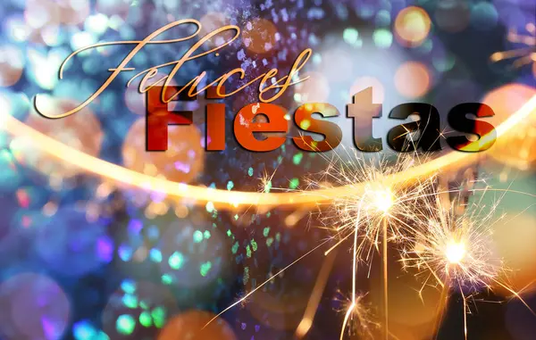 Gyönyörű Üdvözlőlap Szöveggel Felices Fiestas Ragyogó Fényekkel — Stock Fotó