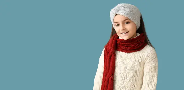 Cute Little Girl Winter Clothes Blue Background Space Text — Stock Photo, Image