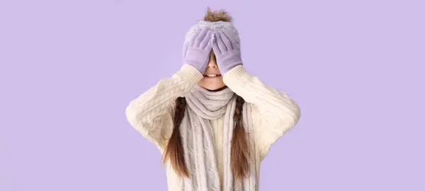 Cute Little Girl Winter Clothes Closing Eyes Lilac Background — Stock Photo, Image