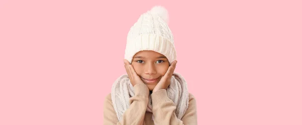 Cute African American Boy Warm Winter Clothes Pink Background — Stock Photo, Image