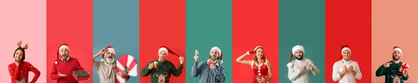 Σύνολο Ανθρώπων Χριστουγεννιάτικα Ρούχα Στο Φόντο Χρώμα — Φωτογραφία Αρχείου