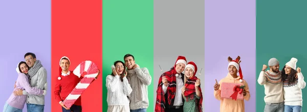 Set of people in Christmas and winter clothes on color background