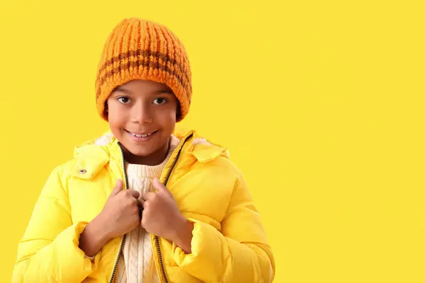 Cute African American Boy Warm Winter Clothes Yellow Background — Stock Photo, Image