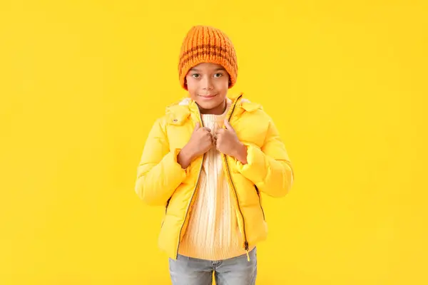 Cute African American Boy Warm Winter Clothes Yellow Background — Stock Photo, Image