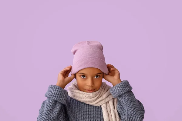 Cute African American Boy Warm Winter Clothes Lilac Background — Stock Photo, Image