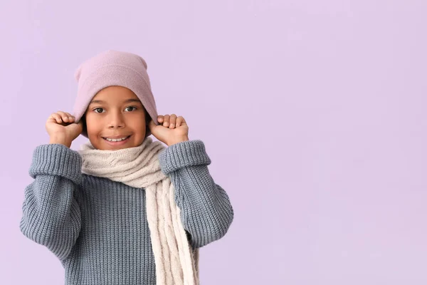 Cute African American Boy Warm Winter Clothes Lilac Background — Stock Photo, Image