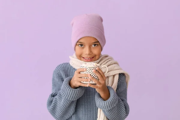 Cute African American Boy Warm Winter Clothes Drinking Hot Chocolate — Stock Photo, Image