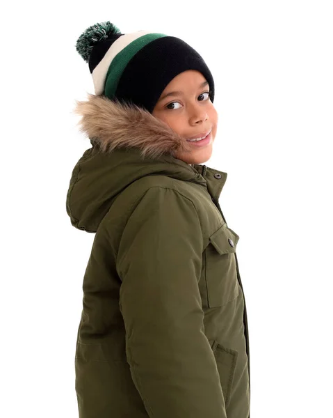 Cute African American Boy Warm Winter Clothes White Background — Stock Photo, Image
