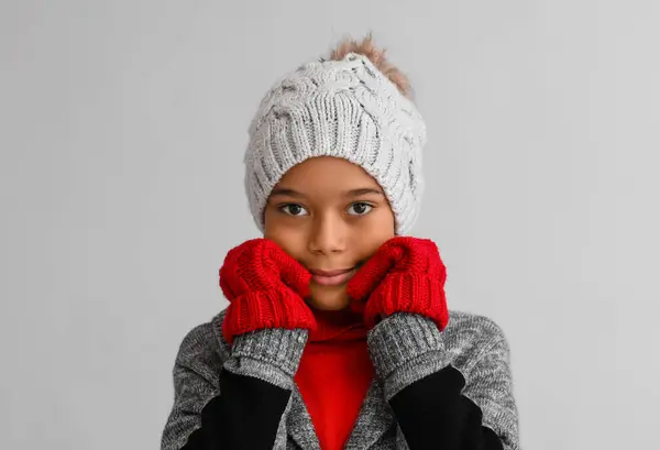 Cute African American Boy Warm Winter Clothes Light Background — Stock Photo, Image