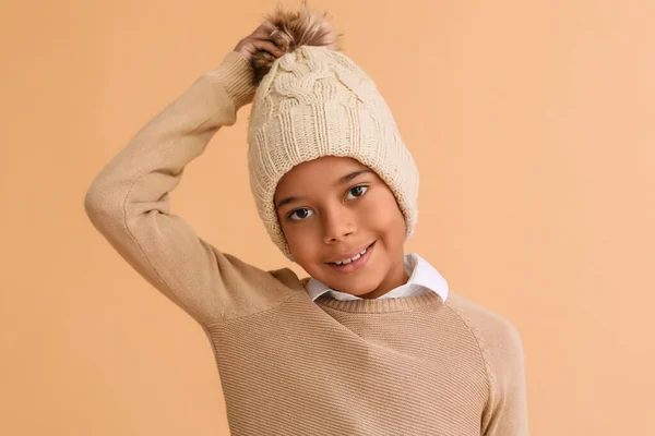 Cute African American Boy Warm Winter Clothes Beige Background — Stock Photo, Image