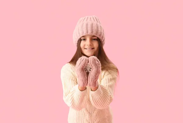 Cute Little Girl Winter Clothes Pink Background — Stock Photo, Image