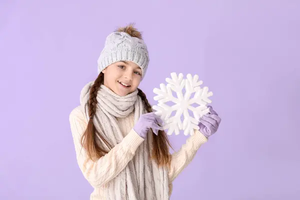 Cute Little Girl Winter Clothes Big Snowflake Lilac Background — Stock Photo, Image