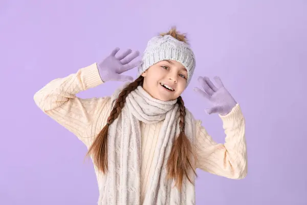 Happy Little Girl Winter Clothes Lilac Background — Stock Photo, Image