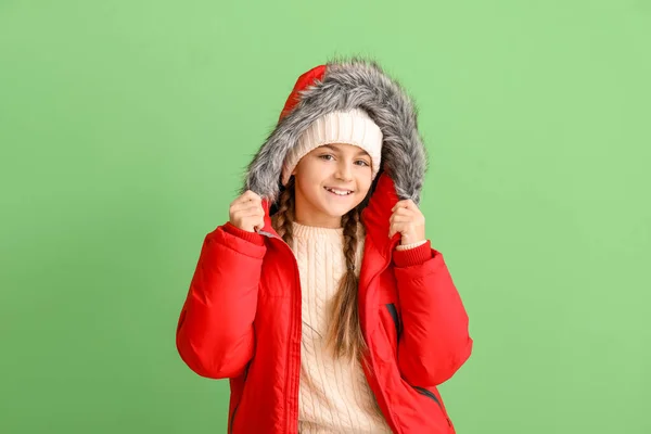 Cute Little Girl Hat Warm Jacket Green Background — Stock Photo, Image