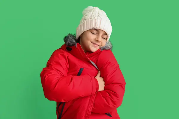 Cute Little Girl Hat Warm Jacket Green Background — Stock Photo, Image