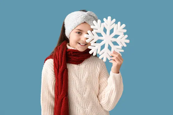 Cute Little Girl Winter Clothes Snowflake Blue Background — Stock Photo, Image