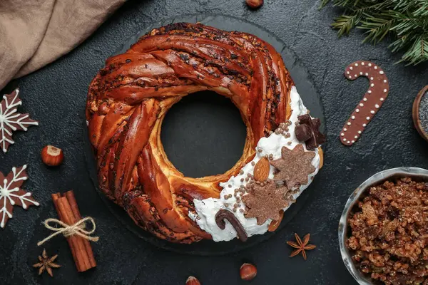 Composition Tasty Christmas Pastry Wreath Kutya Cookies Spices Dark Background — Stock Photo, Image