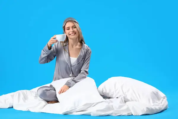 Young Woman Pajamas Cup Coffee Blue Background — Stock Photo, Image