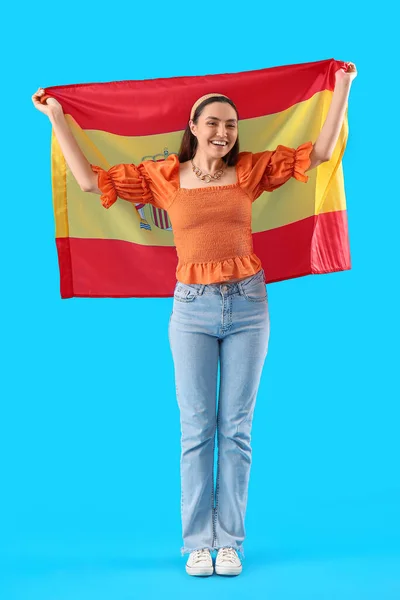Pretty Young Woman Flag Spain Light Blue Background — Stock Photo, Image