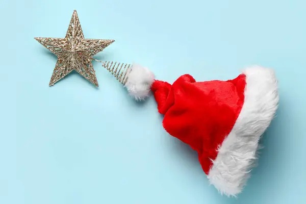 Santa Hat Christmas Star Blue Background — Stock Photo, Image