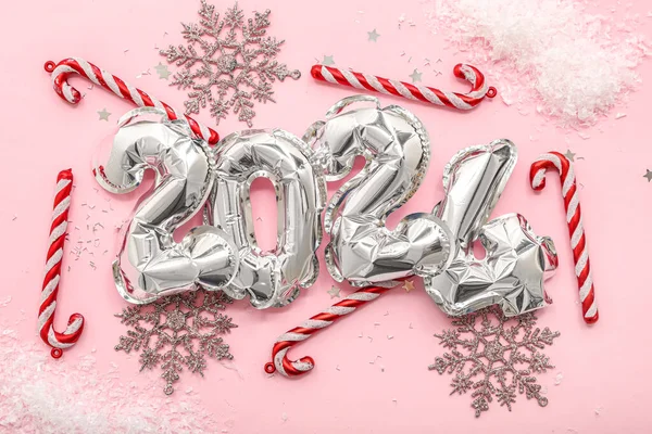 Composition Figure 2024 Made Foil Balloons Snow Christmas Decorations Pink — Stock Photo, Image