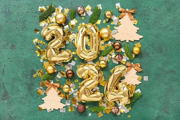 Composition Figure 2024 Made Foil Balloons Confetti Christmas Decorations Fir — Stock Photo, Image