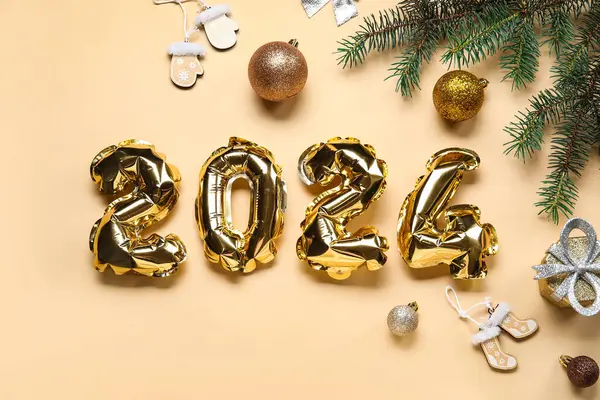 Figure 2024 Made Foil Balloons Christmas Decorations Fir Branch Beige — Stock Photo, Image