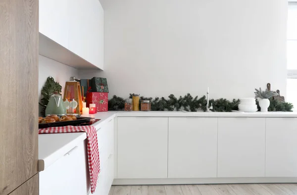 White Kitchen Counters Burning Candles Gift Boxes Christmas Decor — Stock Photo, Image