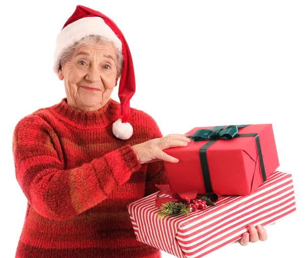 Senior Woman Santa Hat Christmas Gifts White Background — Stock Photo, Image