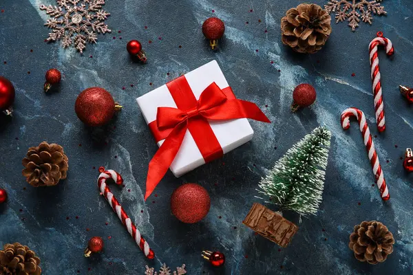 Christmas Balls Gift Box Candy Canes Blue Background — Stock Photo, Image