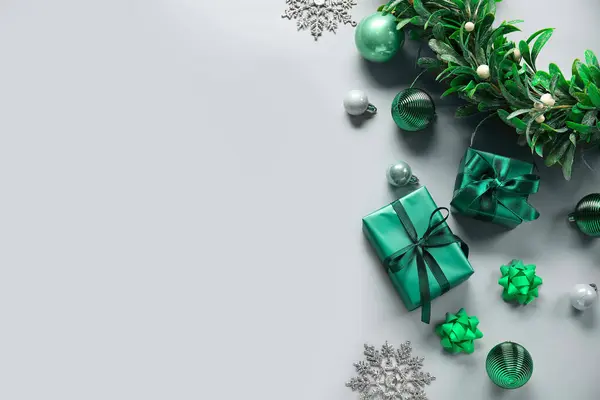 Christmas Balls Mistletoe Branch Gift Boxes White Background — Stock Photo, Image
