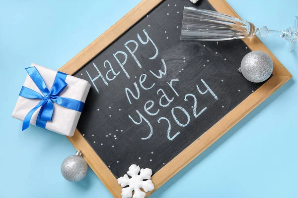 Blackboard Text Happy New Year 2024 Glass Christmas Decorations Blue — Stock Photo, Image