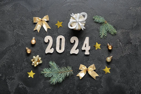 Figure 2024 Christmas Decorations Gift Box Black Background — Stock Photo, Image