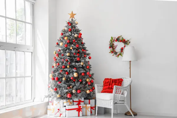 Gift Boxes Christmas Tree White Armchair Festive Room — Stock Photo, Image