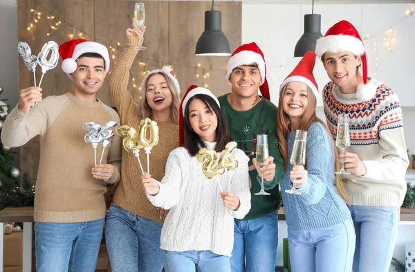 Group Young People Champagne Figure 2024 Celebrating Christmas Kitchen — Stock Photo, Image