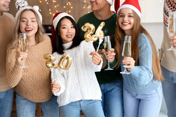 Group Young People Champagne Figure 2024 Celebrating Christmas Kitchen — Stock Photo, Image