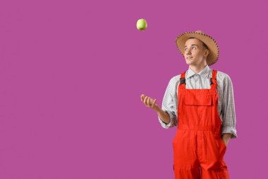 Genç çiftçi mor arka planda lezzetli elma atıyor.