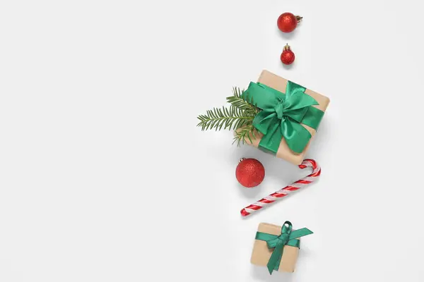 Christmas Balls Gift Boxes Candy Cane White Background — Stock Photo, Image