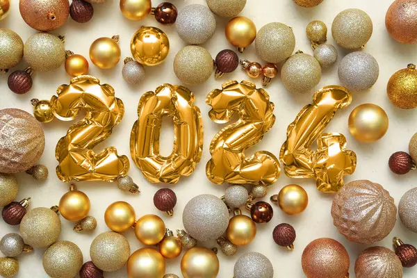 Composition Figure 2024 Made Foil Balloons Christmas Balls Beige Background — Stock Photo, Image