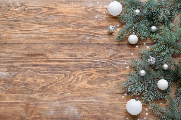 Rami Albero Natale Con Palle Coriandoli Sfondo Legno — Foto Stock