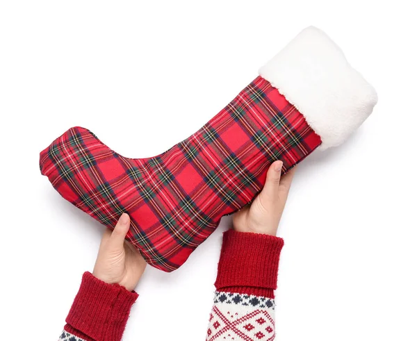 Руки Женщины Рождественским Носком Изолированы Белом Фоне Крупным Планом — стоковое фото