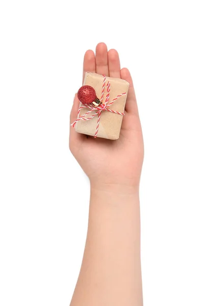 Female Hand Christmas Gift Box White Background Closeup — Stock Photo, Image