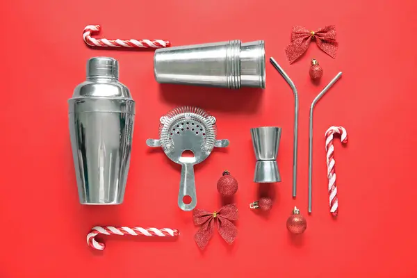 Bartender Supplies Christmas Decor Red Background — Stock Photo, Image