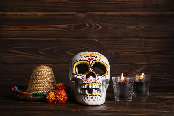 Marigold Flowers Candles Sombrero Painted Skull Brown Wooden Background Celebration — Stock Photo, Image