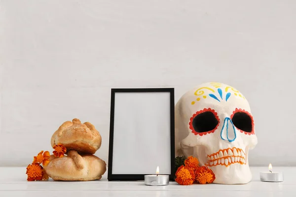 Bread Dead Flowers Candles Frame Painted Skull White Wooden Table — Stock Photo, Image