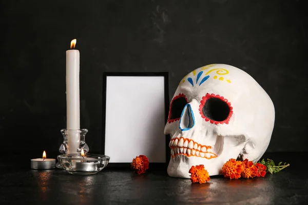 Marigold Flowers Candles Painted Skull Frame Black Background Celebration Mexico — Stock Photo, Image