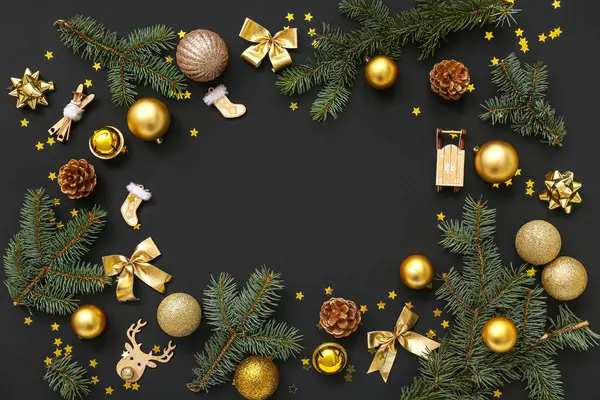 Marco Hecho Ramas Árbol Navidad Con Bolas Hermosas Decoraciones Sobre — Foto de Stock