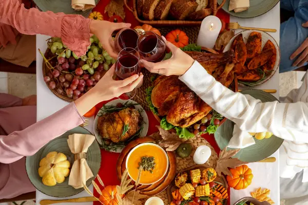 Group Young Friends Having Dinner Festive Table Thanksgiving Day Top — Stock Photo, Image