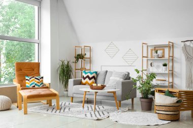 Aydınlık oturma odasının içinde bitkiler, kanepe ve koltuk.