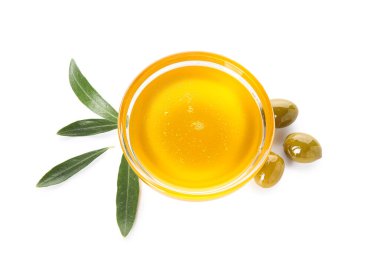 Bowl of fresh olive oil on white background